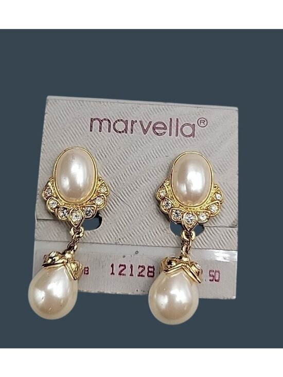 Marvella Jewelry - Vintage Marvella Clear Rhinestone Dangle Faux Pearl Gold Tone Clip On Earrings